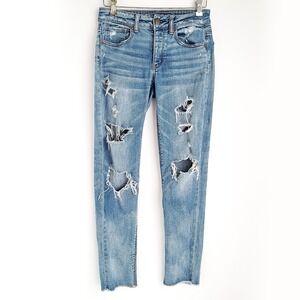 American Eagle Tom Girl Distressed Jeans 0 Regular Stretch Fringe Raw Hem Blue
